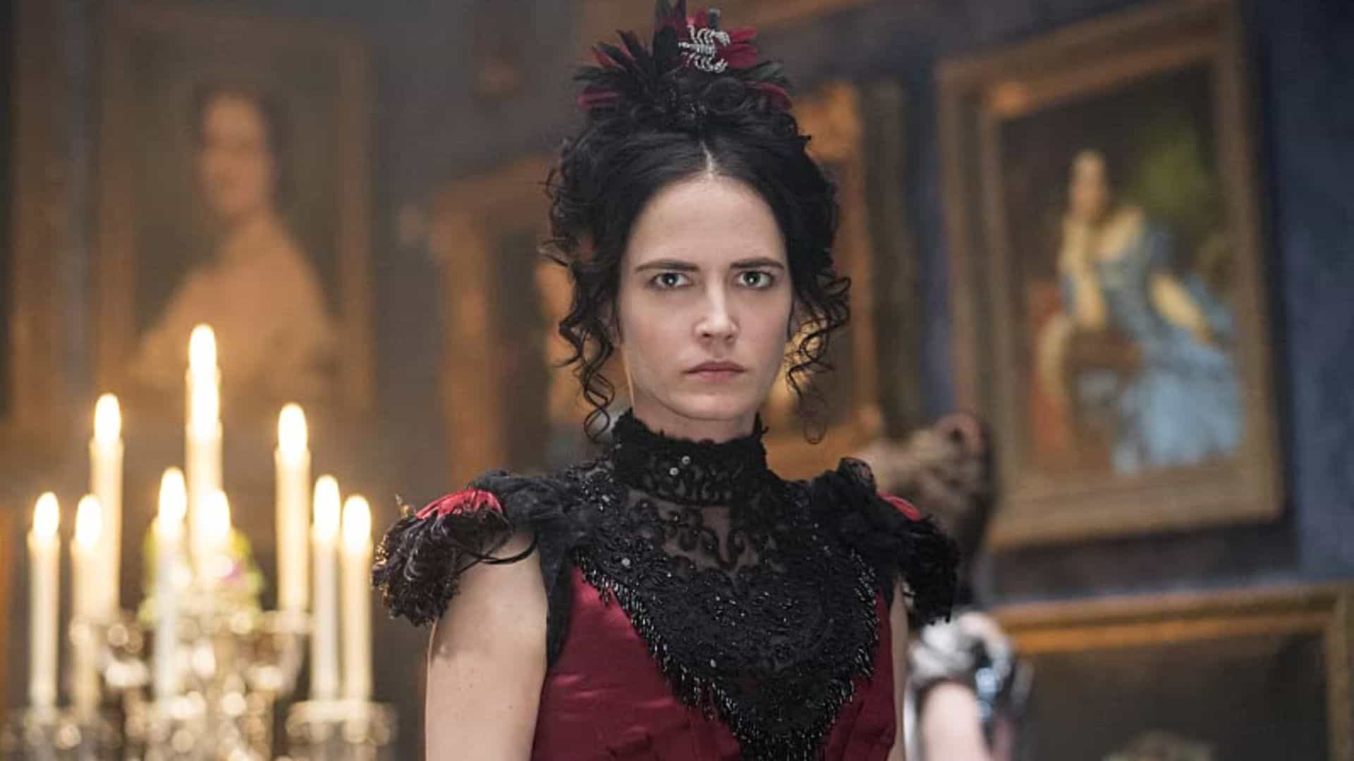 Vanessa Ives staring intensely in a red dress in this image from Paramount Plus 