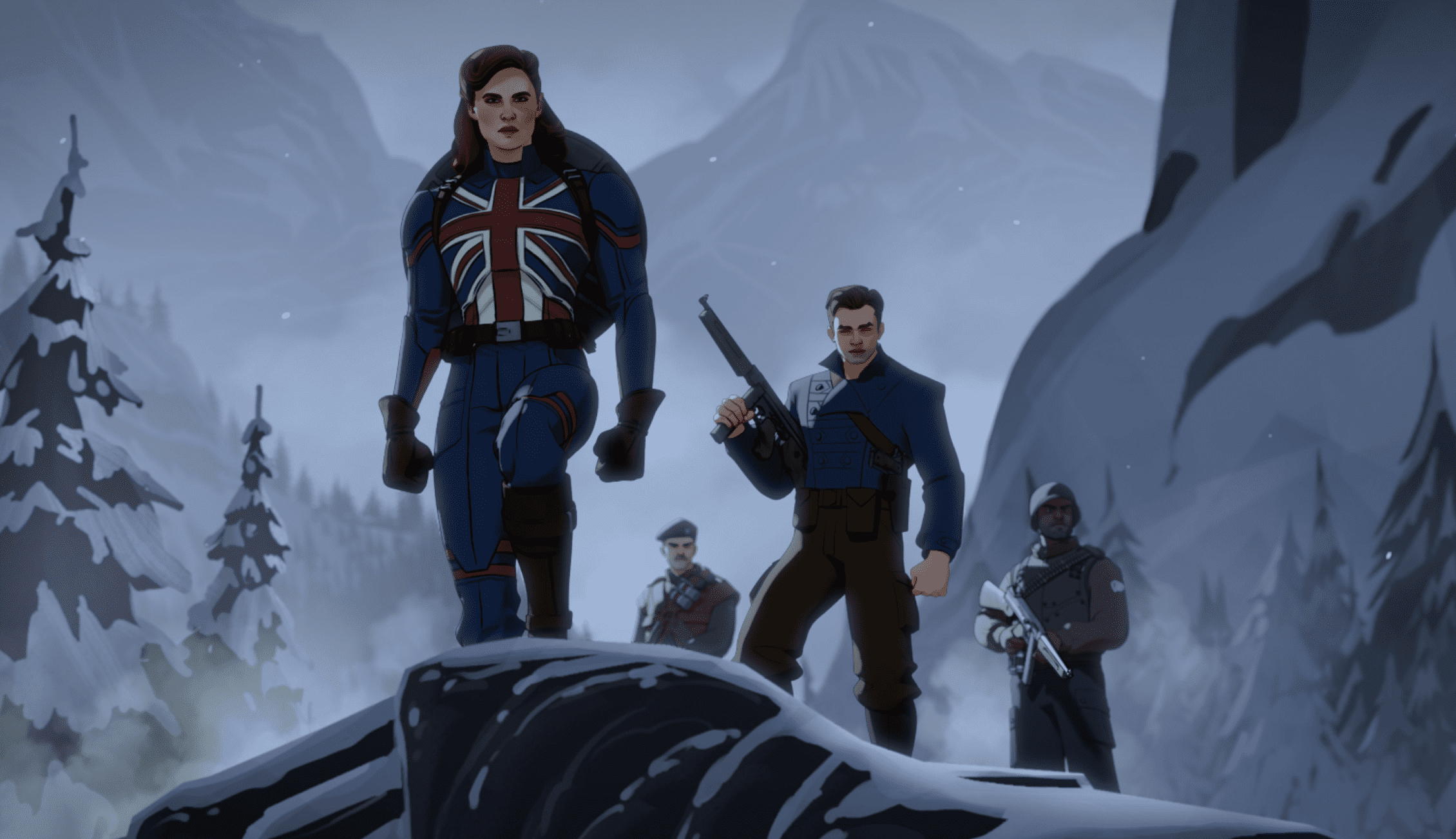 Captain Carter, Bucky, and backup on a snowy mountain