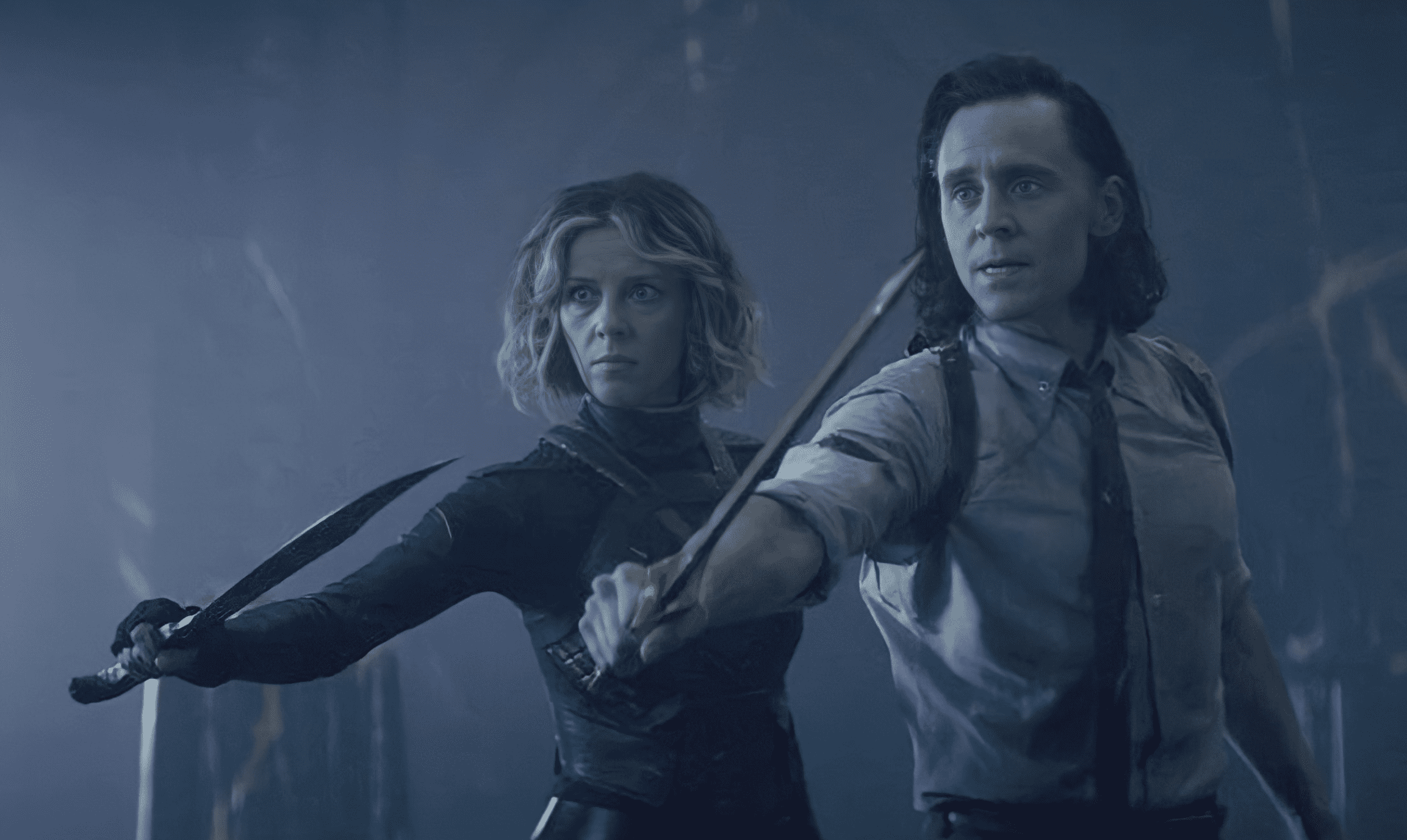 Sylvie and Loki holding up their weapons